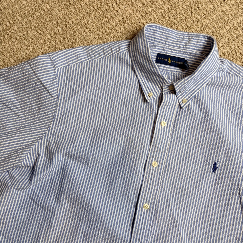 Ralph Lauren Mens XXL Seersucker Short Sleeve Button Down Shirt Blue Stripe